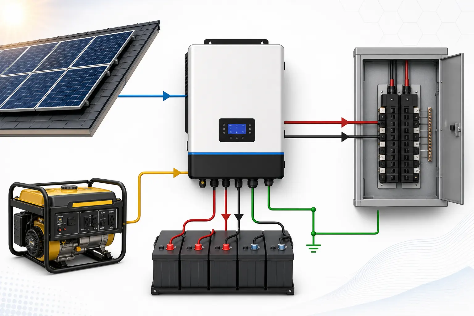 Diagram-style image showing a split phase off grid inverter connected to solar panels, battery bank, generator and a 120/240V load panel; recommended size 1200x800 pixels