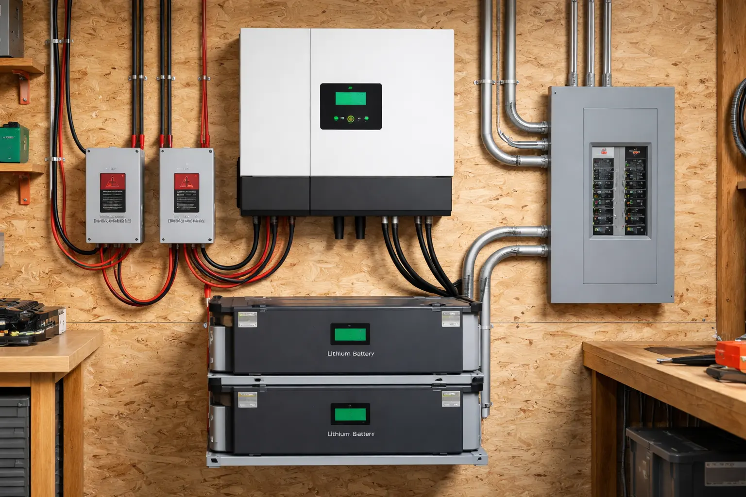 Photo of a neatly installed split phase off grid inverter system on a workshop wall, with labeled DC disconnects, batteries and AC panel; recommended size 1400x900 pixels