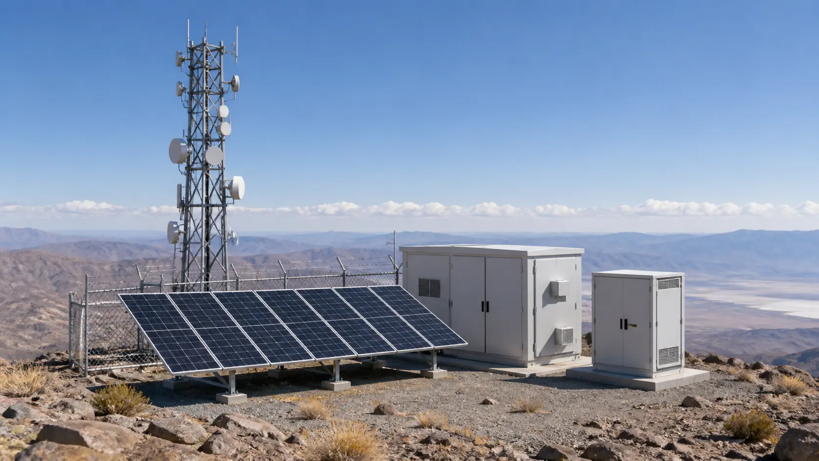 Remote telecom tower infrastructure with solar array, battery enclosure, and inverter cabinet for off-grid operation, 1600x900