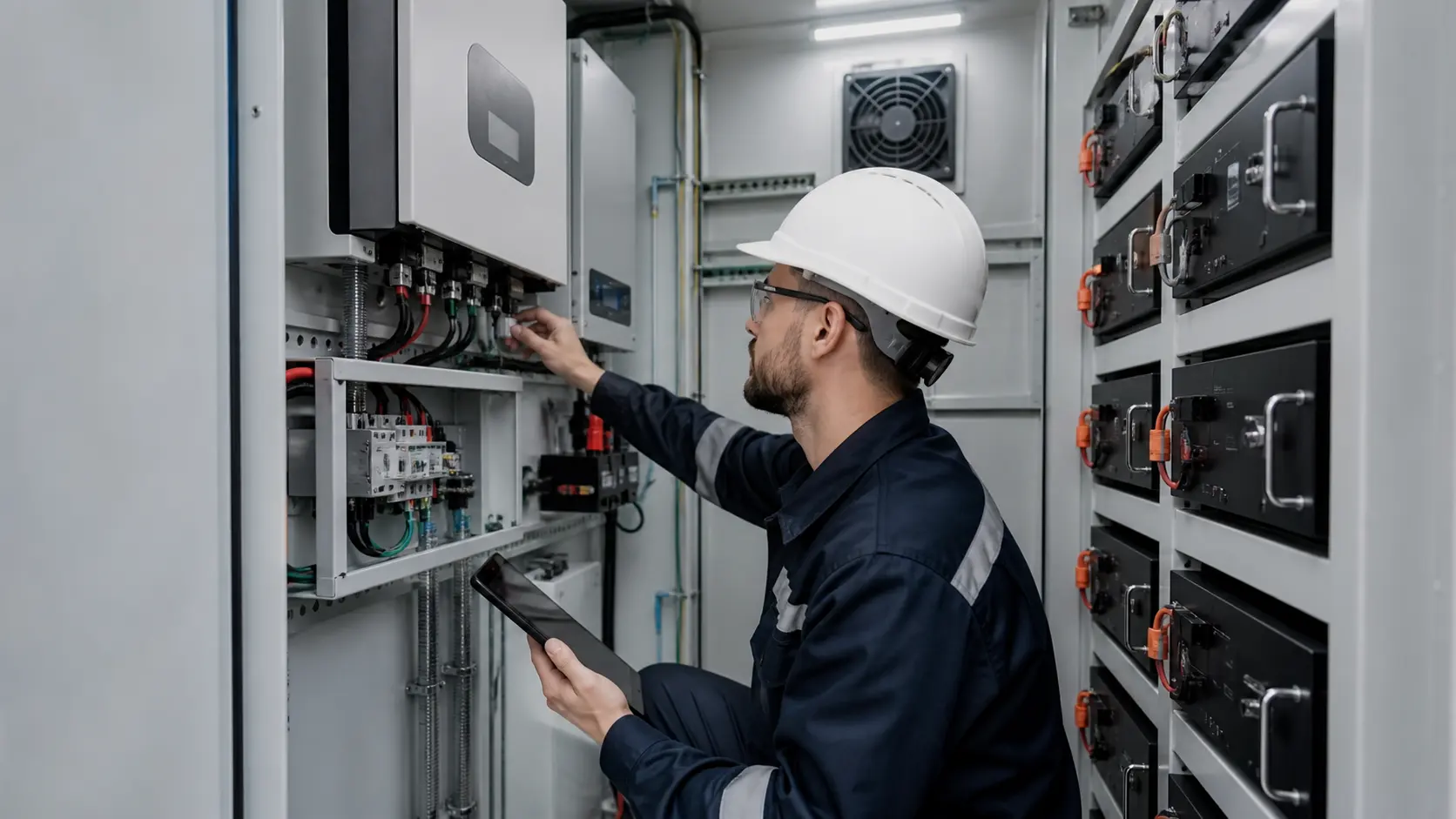 Engineer inspecting inverter control panel and battery system inside telecom shelter, professional technical environment, 1600x900
